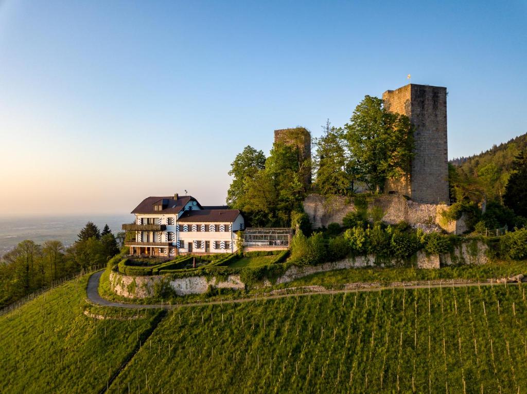 une maison sur une colline avec un château sur elle dans l'établissement Burg Windeck ***S, à Buhl