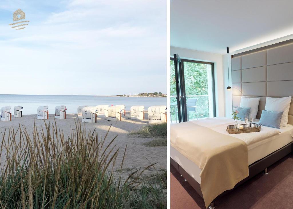 ein Schlafzimmer mit einem Bett und Stühlen am Strand in der Unterkunft White Pearl Apartment 1.05 in Timmendorfer Strand