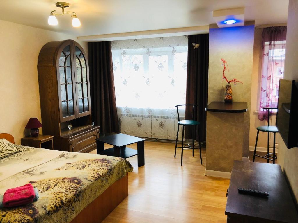彼爾姆的住宿－Apartment on Revolutsii 26 studia，一间卧室设有一张床和一个大窗户