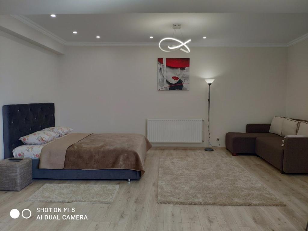 - une chambre avec un lit et un canapé dans l'établissement Apartments Domovik Korzo, à Moukatcheve