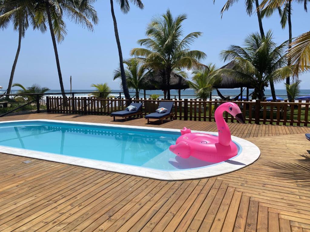 un flotador de flamenco rosa en una piscina en Pousada Canto dos Encantos, en Barra Grande