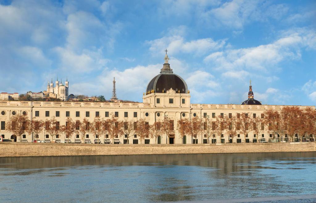 InterContinental Lyon - Hotel Dieu, an IHG Hotel في ليون: مبنى كبير بجانب تجمع المياه