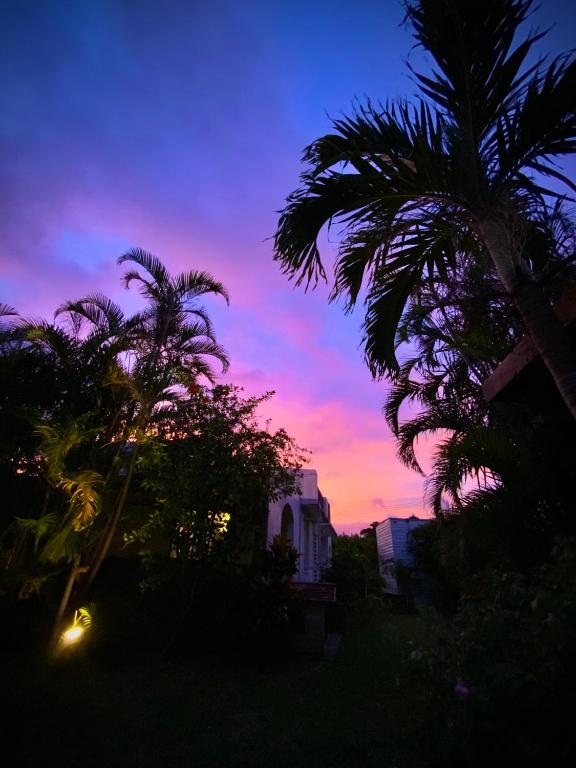 a sunset with palm trees in front of a building at イリワ -stay&coffee iriwa- in Ishigaki Island
