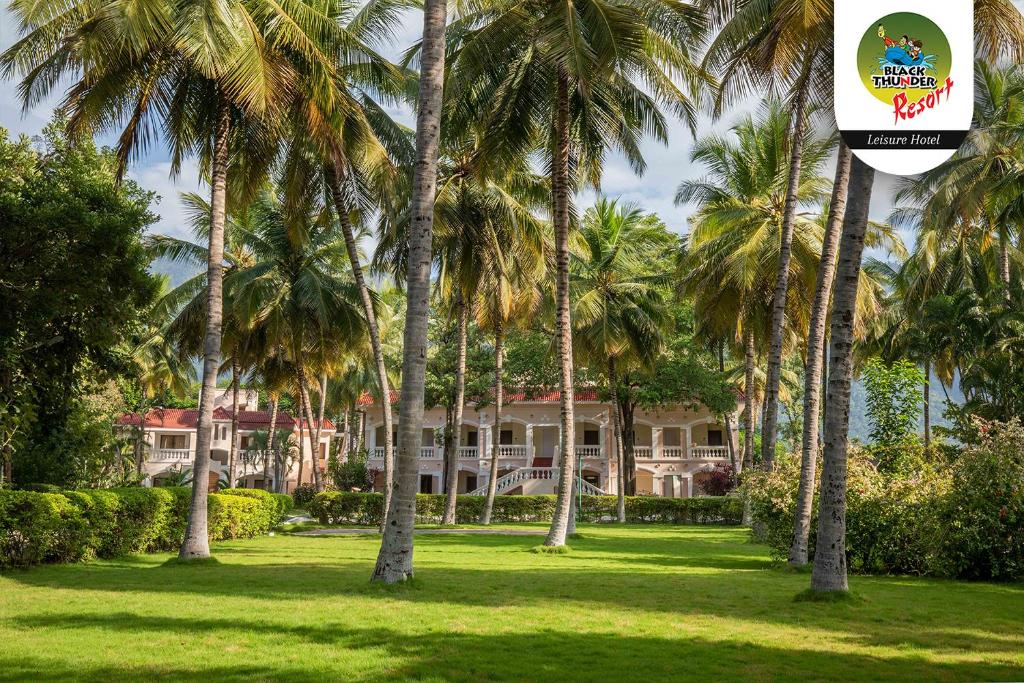 a group of palm trees in front of a house at Avana Resort in Mettuppālaiyam