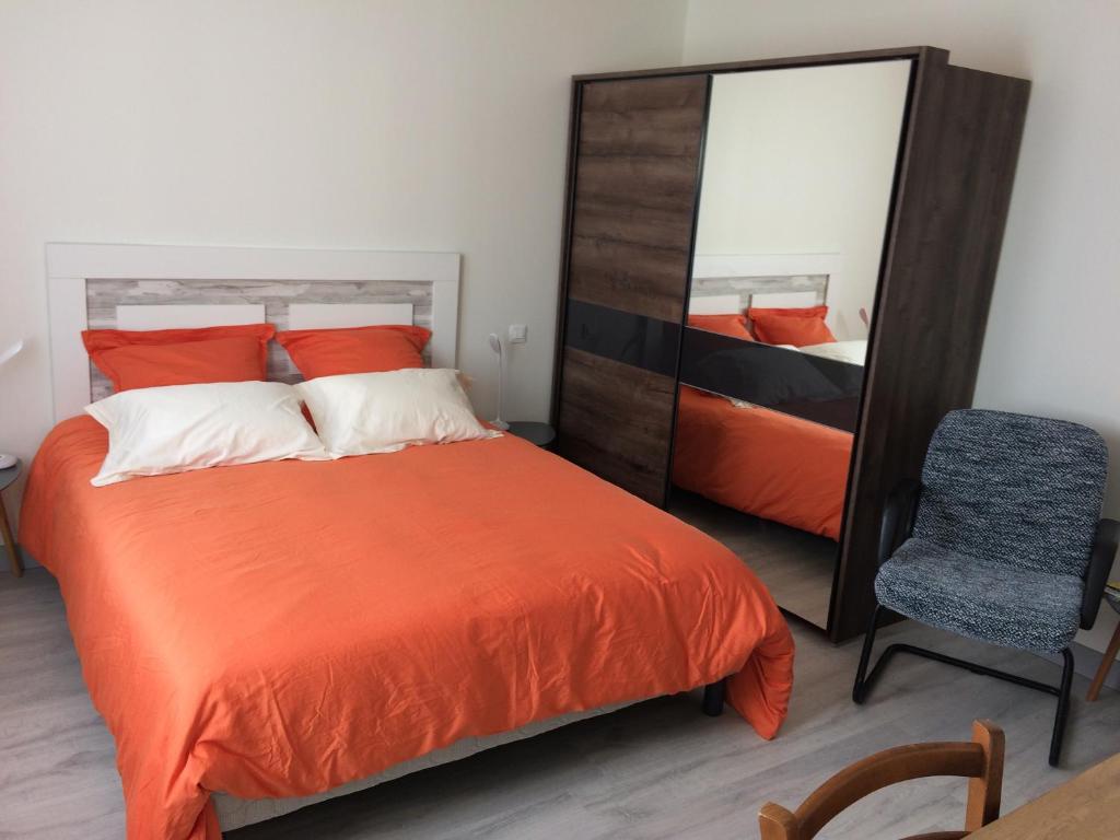 a bedroom with a bed and a mirror at La parenthèse in Saintes