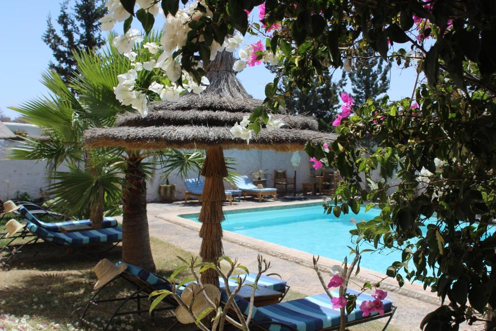 a resort with a swimming pool and a umbrella and chairs at Riad Sanam - Adults only in Essaouira