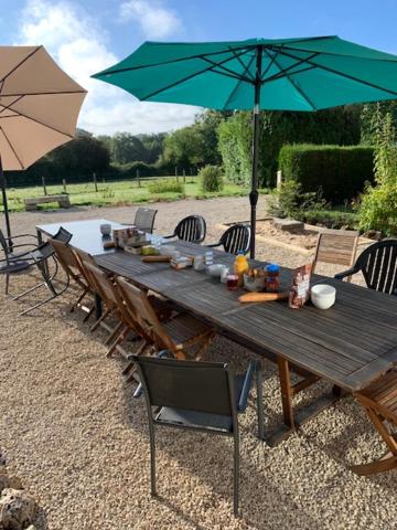 einen Holztisch mit Stühlen und einem Sonnenschirm in der Unterkunft Gite de la Foye - La Couleur des prés in Combrand