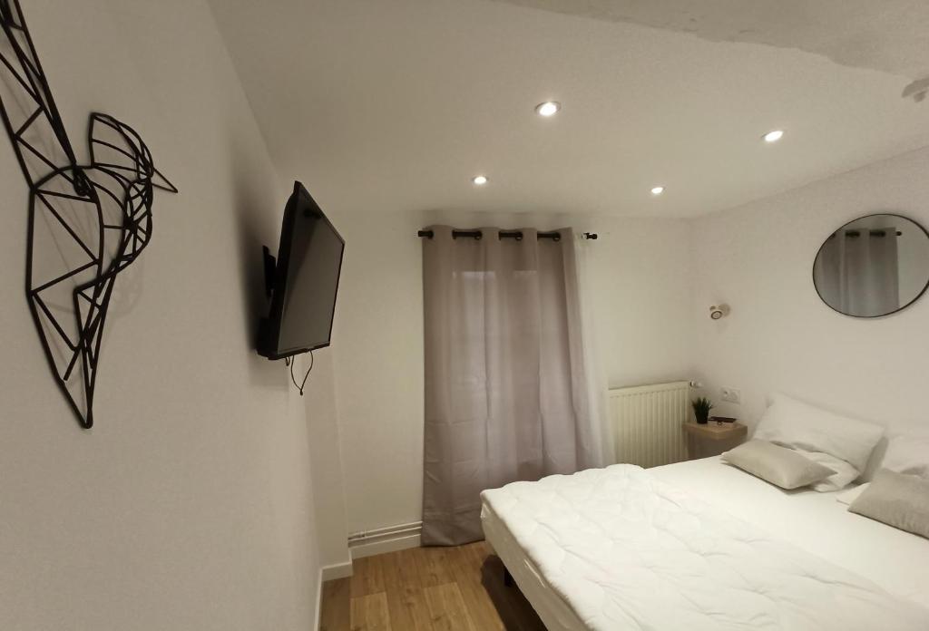 a bedroom with a bed and a tv on the wall at A 4 min du Zoo de Beauval La Maison à Partager Ch3 1er étage in Saint-Aignan