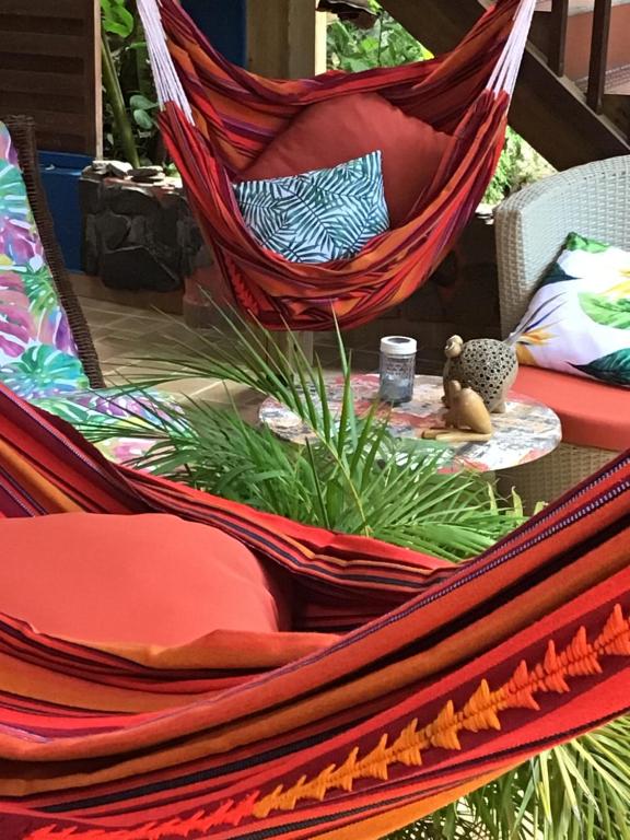 a hammock on a patio with a plant at GITES de L'ECOMUSEE CREOLE in Sainte-Rose
