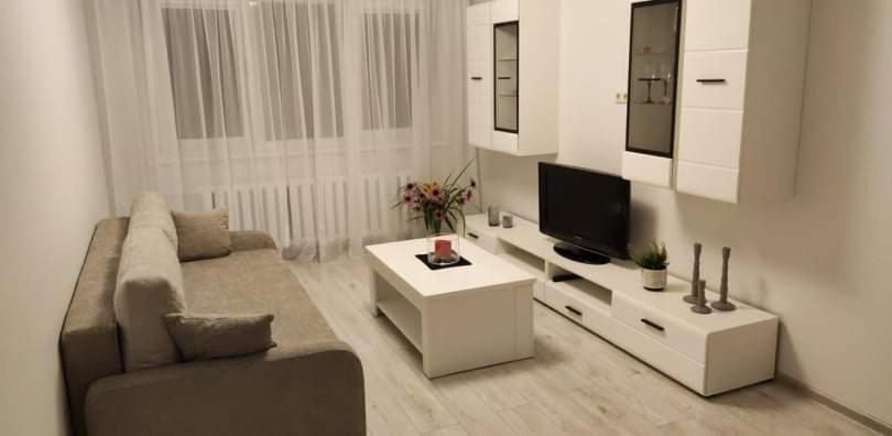 salon z kanapą i telewizorem w obiekcie Butas miesto centre/ Apartment in the city center w Szawlach
