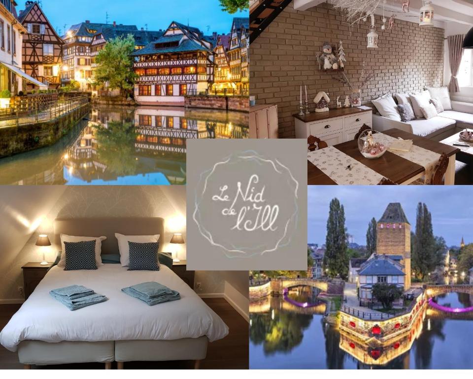 un collage de photos d'un hôtel avec un lit et une rivière dans l'établissement LE NID DE L'ILL, Magnifique Duplex Cosy Petite France, à Strasbourg