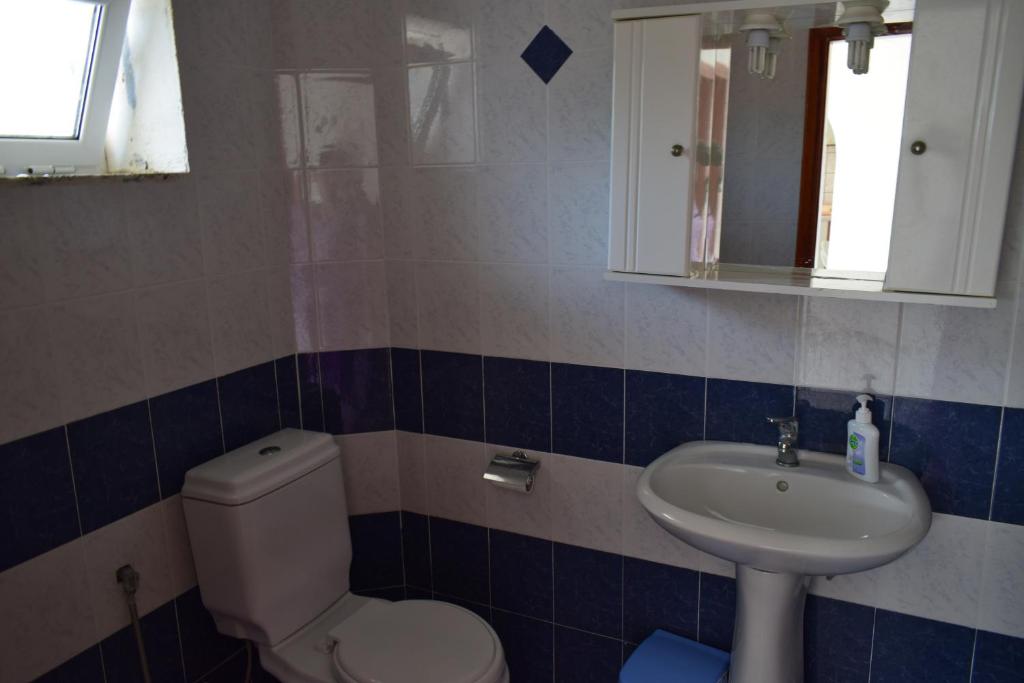 a bathroom with a toilet and a sink at Red Sun Apartments in Amoudi