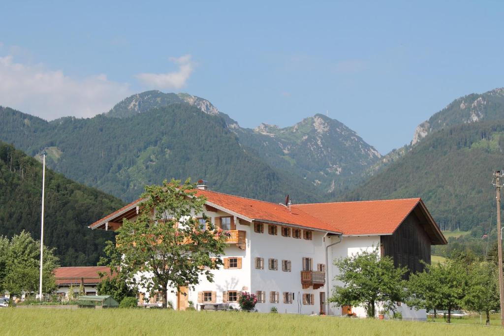 a house in a field with mountains in the background at Ferienwohnung Fischerhof in Flintsbach