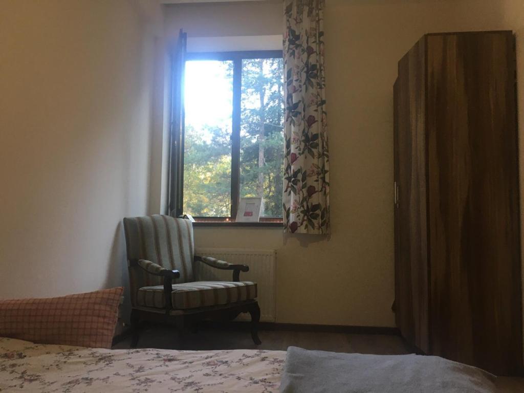 1 dormitorio con silla y ventana en Abastumani - Zekari apartment en Abastumani