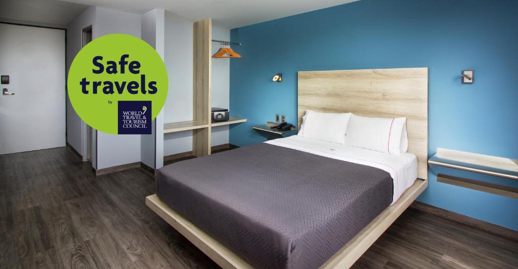 A single-bed room view emphasizing the blue accent wall and open storage.