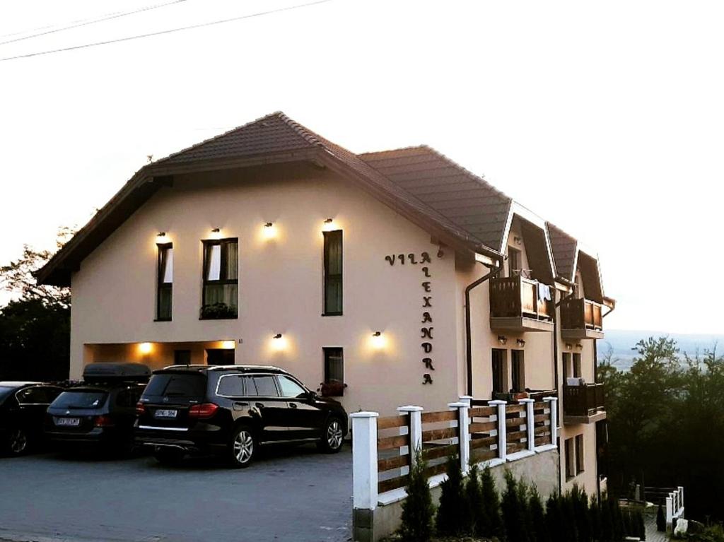 a house with two cars parked in front of it at Vila Alexandra Sovata in Sovata