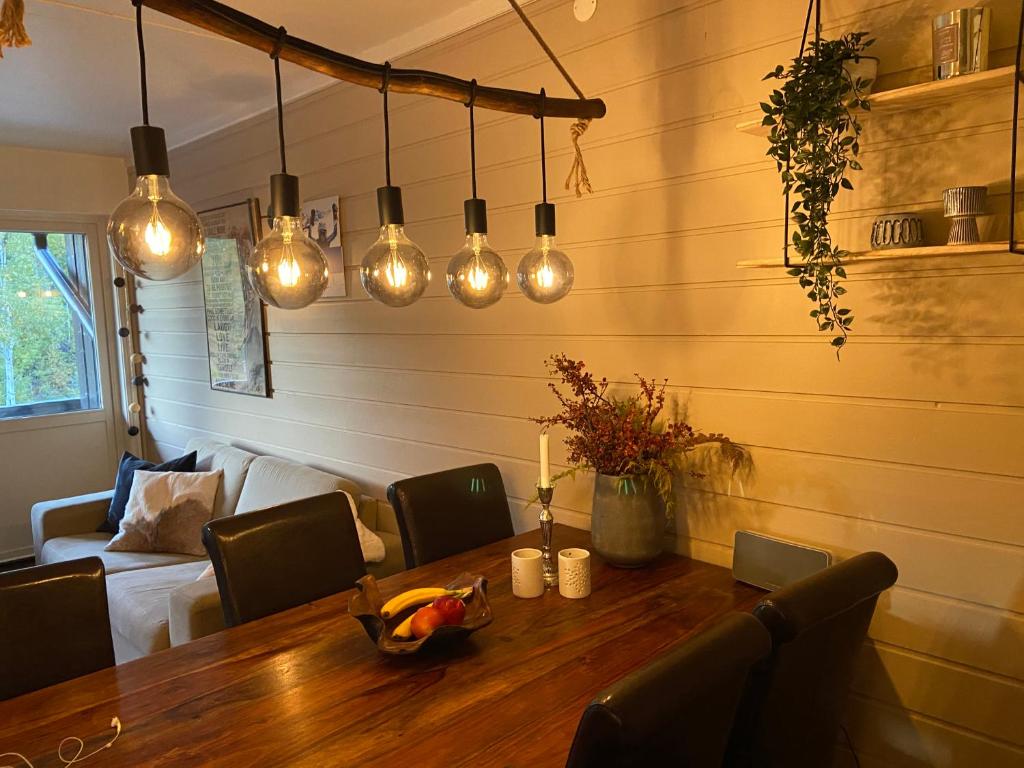 jadalnia z drewnianym stołem i lampkami w obiekcie Storehorn Apartments w mieście Hemsedal