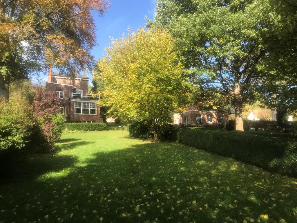 un cortile alberato e una casa sullo sfondo di La Terrasse de Louise a Stavelot