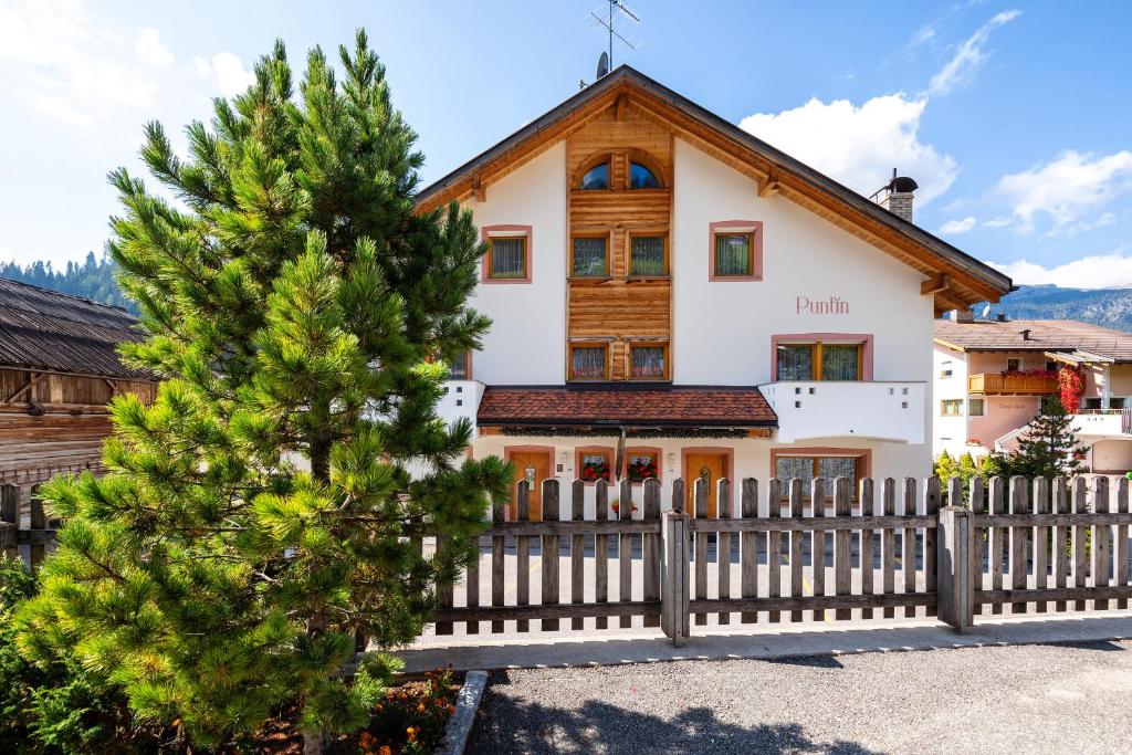 a house with a fence and a pine tree at Apartments Puntin in San Cassiano