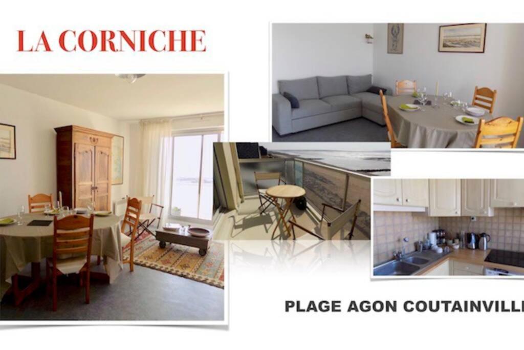 eine Collage mit Fotos von einer Küche und einem Wohnzimmer in der Unterkunft La Corniche in Agon Coutainville