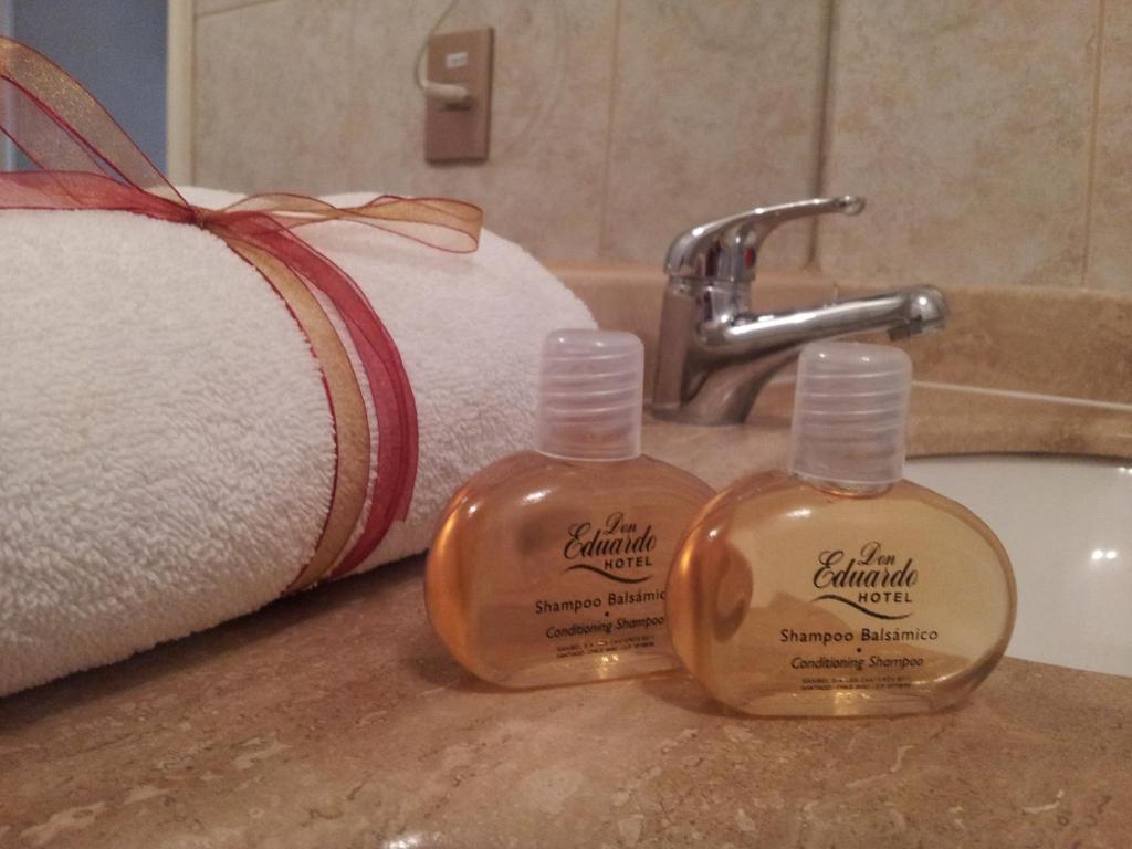 two bottles of soap sitting on top of a bathroom sink at Hotel Don Eduardo in Temuco