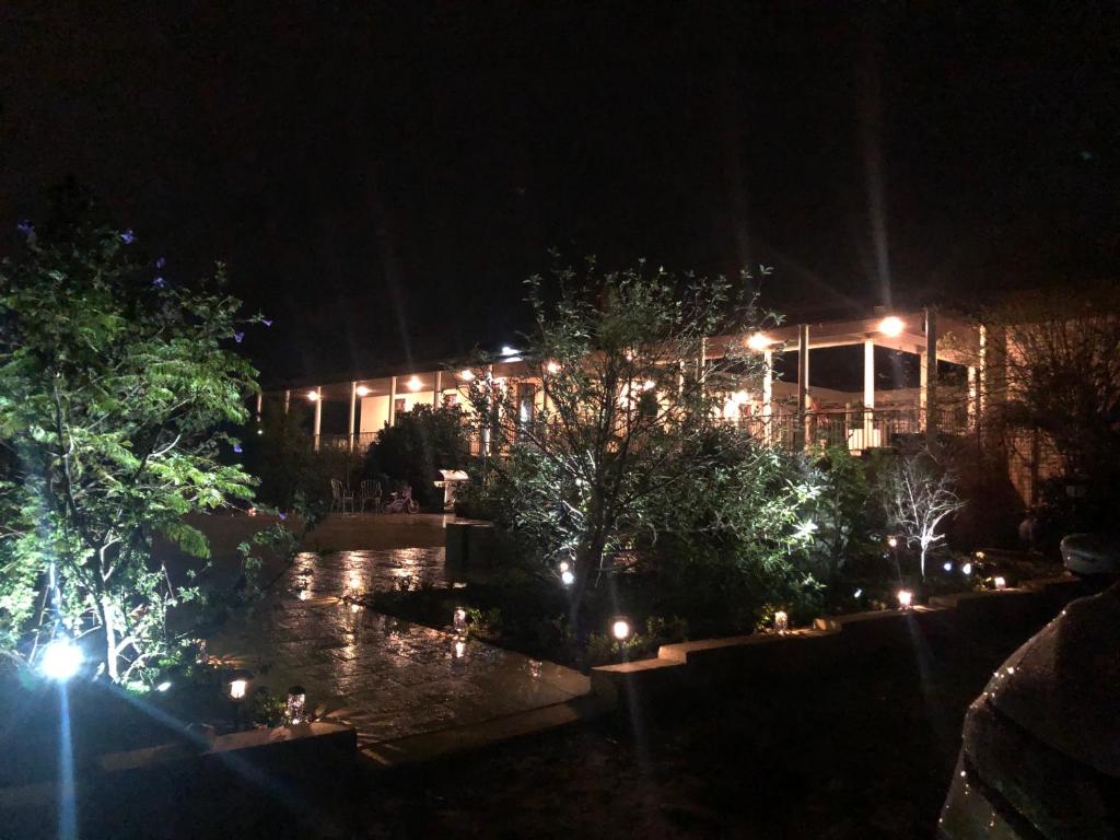 um jardim iluminado à noite com luzes em Fairway Manor Accomodation em Northam