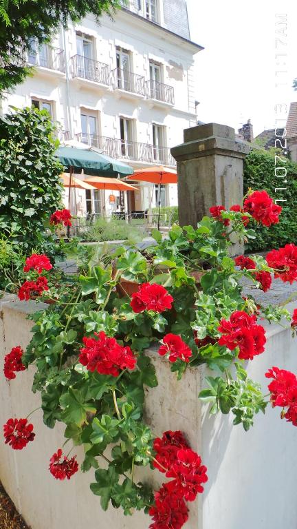 a bunch of red flowers in a planter in front of a building at Hotels &amp; Résidences - Les Thermes in Luxeuil-les-Bains
