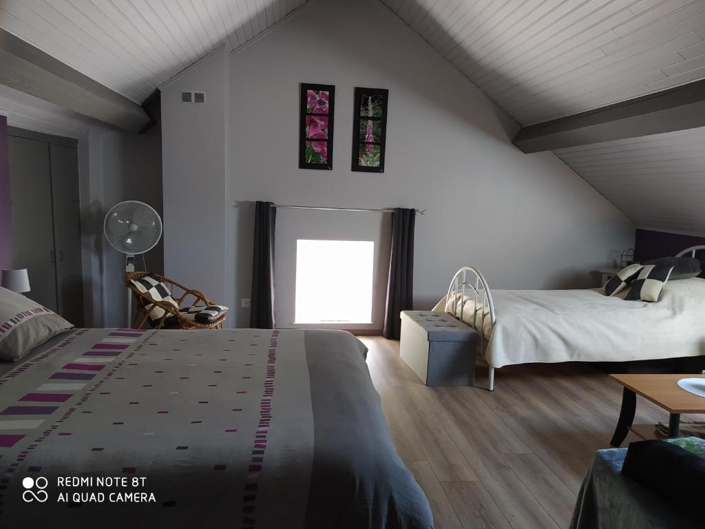 1 dormitorio con 2 camas y ventana en La mansarde aux digitales en La Croix-aux-Mines