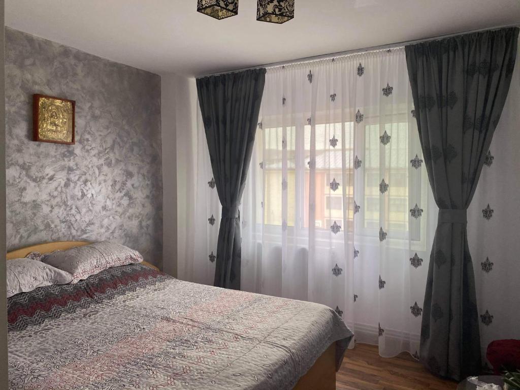 a bedroom with a bed and a window with curtains at Mama Teasa-Apartment in Curtea de Argeş