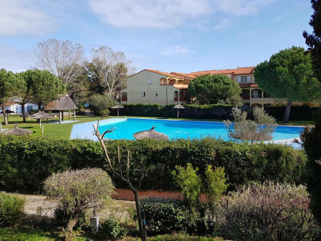 basen w ogrodzie z krzewami i drzewami w obiekcie Superbe appartement au calme proche de la plage w mieście Canet-en-Roussillon