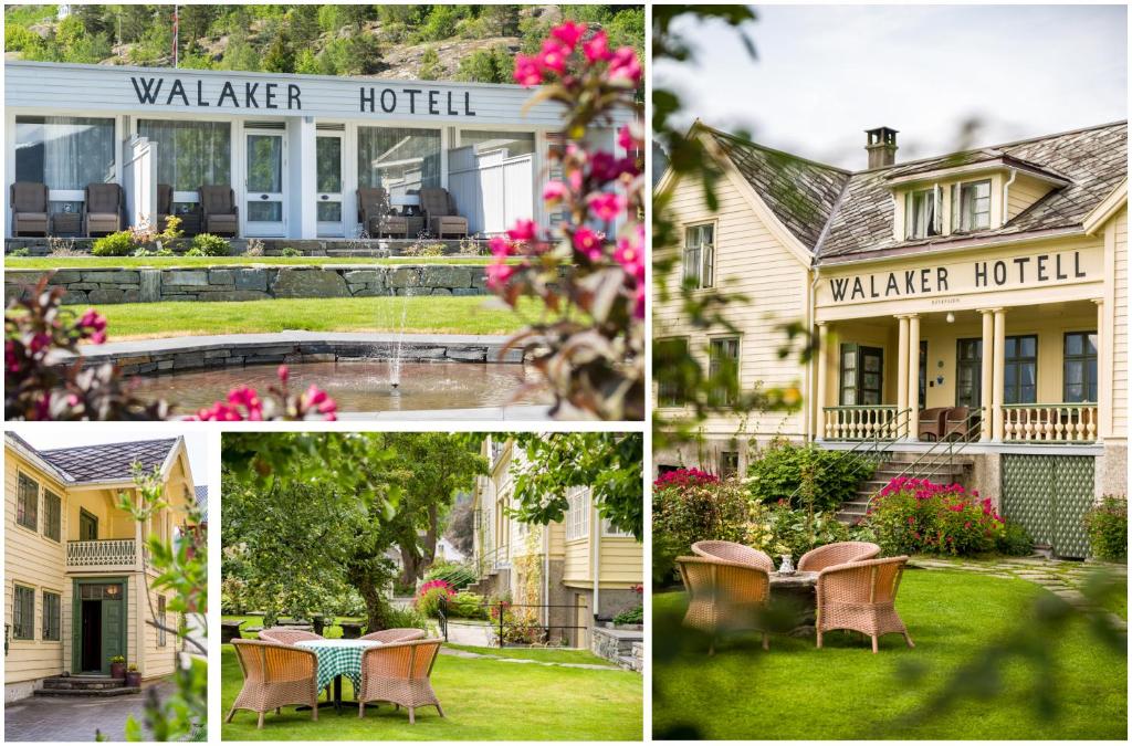 a collage of photos of a house with a table and chairs at Walaker Hotel in Solvorn