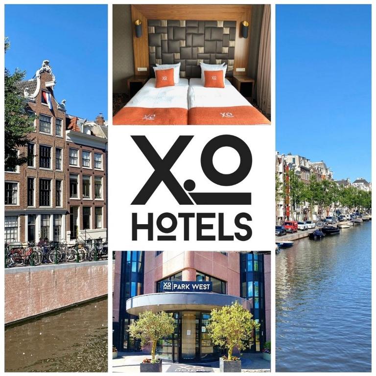 eine Collage mit Bildern eines Hotels und eines Flusses in der Unterkunft XO Hotels Park West in Amsterdam