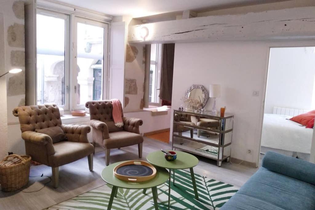 een woonkamer met een bank, stoelen en een bed bij Passage du Cygne in Blois