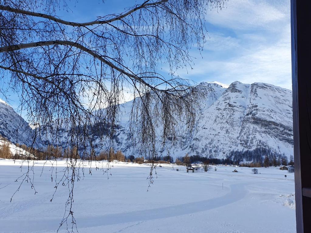 een met sneeuw bedekt veld met een berg op de achtergrond bij Parenthèse à la montagne in Bessans
