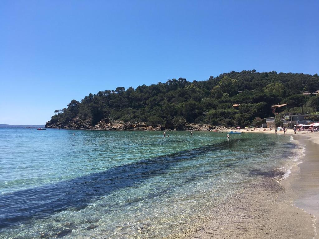 uma praia com um grupo de pessoas na água em Residence Le Mas em Le Lavandou