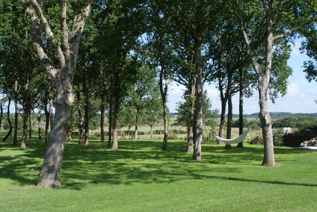 um parque com árvores e uma rede na relva em La Balade des Marais em Saint-Molf