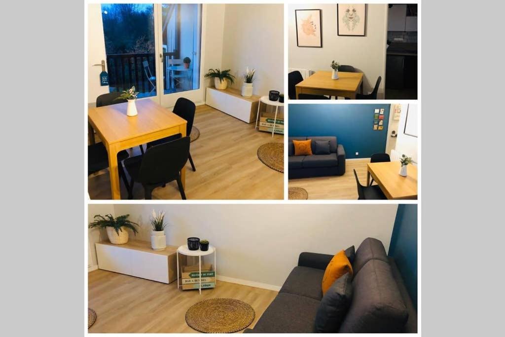 trois photos d'un salon et d'une salle à manger dans l'établissement La petite madeleine de Proust, à Cabourg