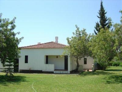 Casa blanca con patio y árboles en Villa Pedras del Rey, en Luz de Tavira