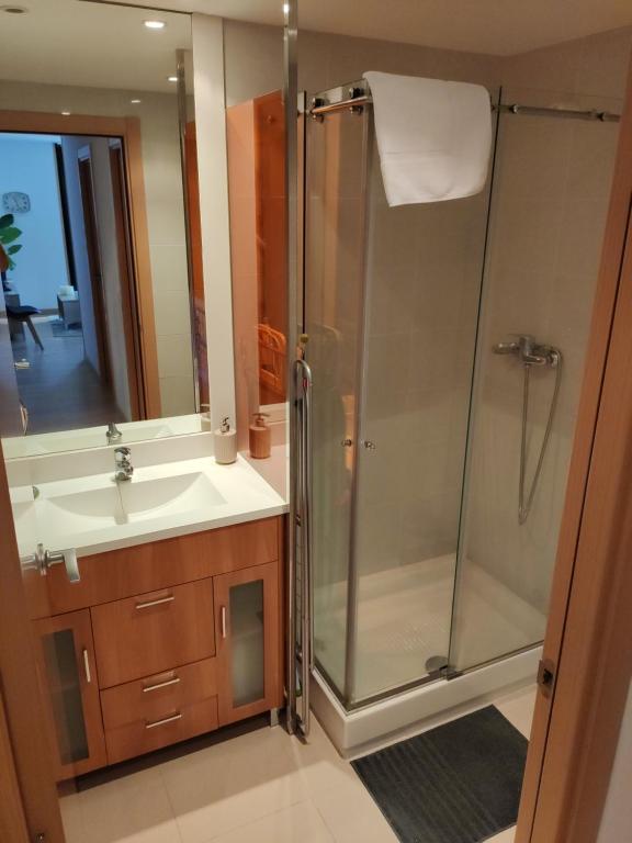 un bagno con doccia e lavandino di Lux Aigle "Acceso directo a pistas" a Pas de la Casa