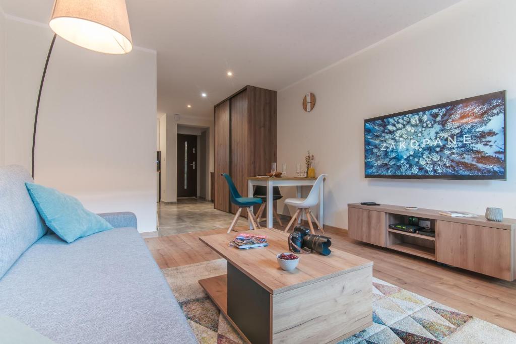a living room with a couch and a tv on the wall at Apartament Magnezja Zakopane in Zakopane