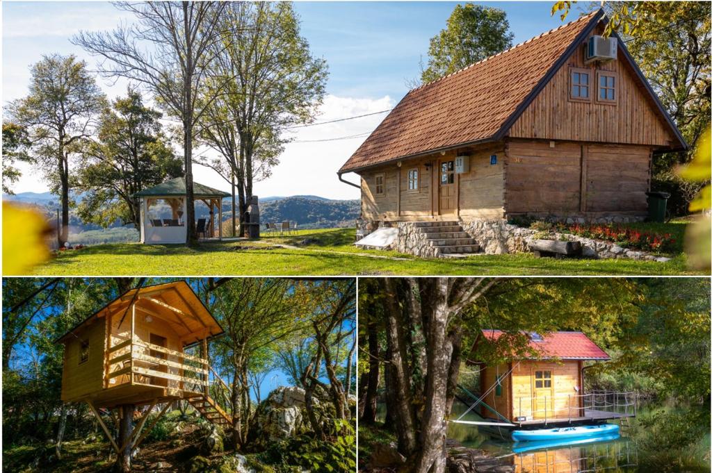 two pictures of a house and a cabin at Double Paradise in Slunj