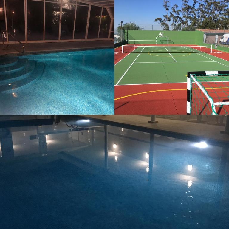 a collage of three pictures of a tennis court at Hotel Feira Pedra Bela in Santa Maria Da Feira