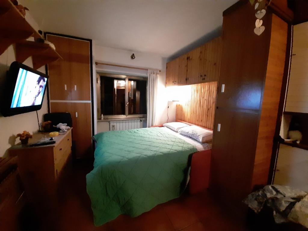 sypialnia z zielonym łóżkiem i telewizorem w obiekcie Paradiso Aremogna w mieście Roccaraso