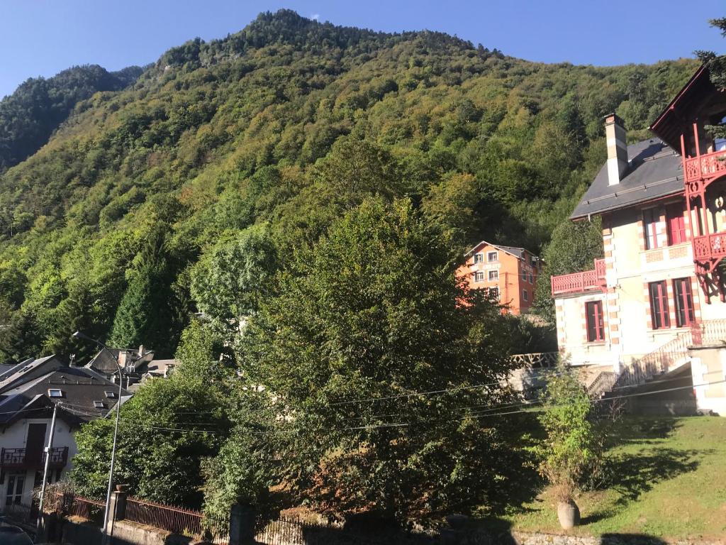 un pueblo con una montaña en el fondo en Chaleureux studio familal en centre ville avec vue sur les montagnes, en Cauterets
