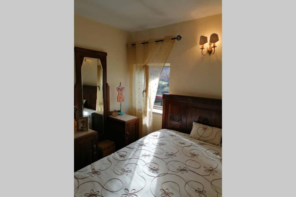 een slaapkamer met een bed en een grote spiegel bij Casa do Palheiro in Montalegre