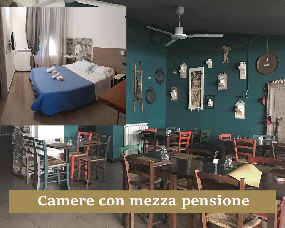 Bella Napoli Guesthouse Trattoria Pizzeria في لا سبيتسيا: غرفة بسرير وطاولات وكراسي