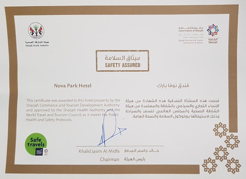 Certifikát, hodnocení, plakát nebo jiný dokument vystavený v ubytování Nova Park Hotel