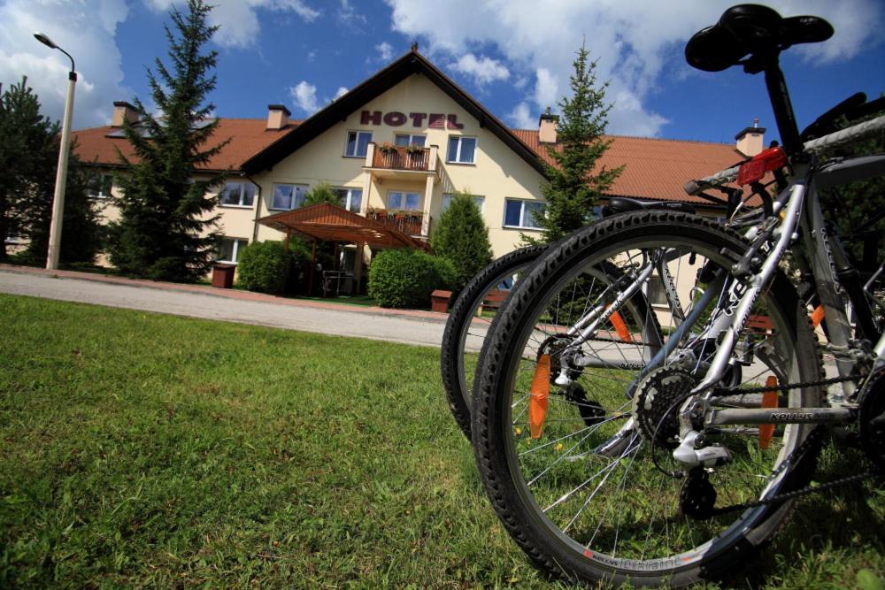 a bike parked in the grass in front of a hotel at Hotel**Pieniny in Niedzica