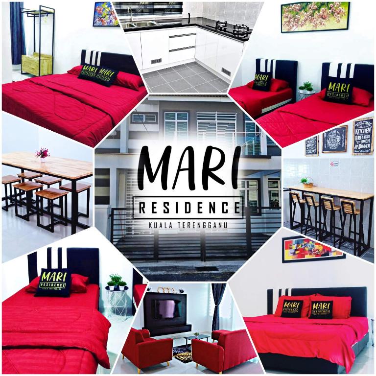 a collage of photos of a living room with red furniture at MARI Residence in Kuala Terengganu