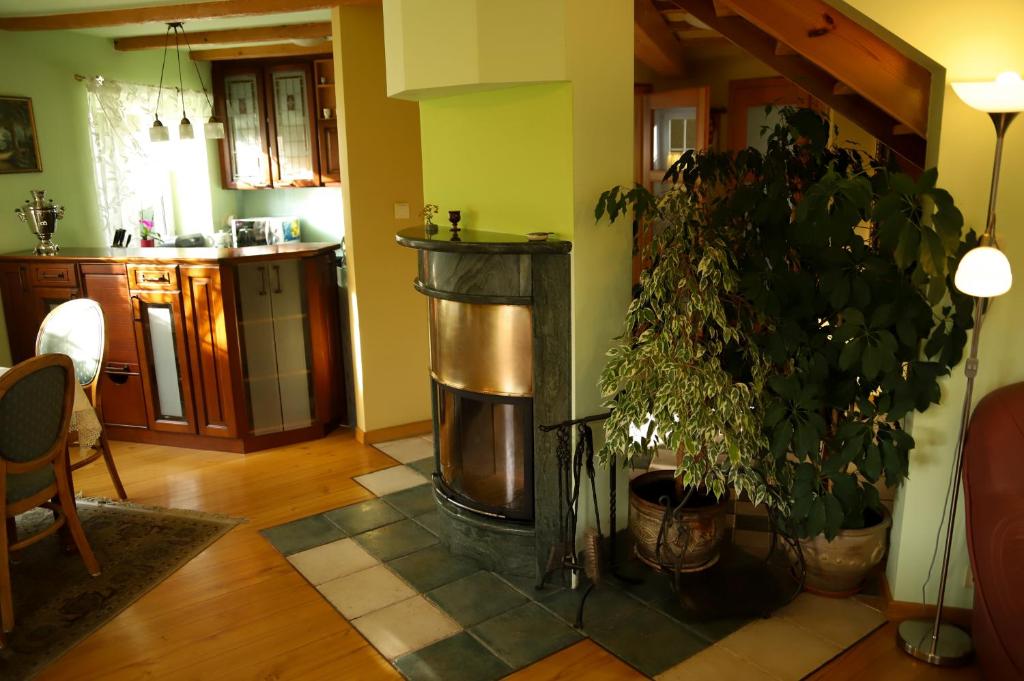 a living room with a fire place in the middle at Całoroczny dom nad morzem in Ostrowo